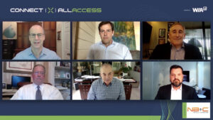 A screenshot of a virtual session with six speakers from the Connect (X) conference as part of the Wireless Infrastructure Association