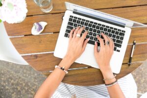 An Event Planner working on her virtual platform for her hybrid conference event
